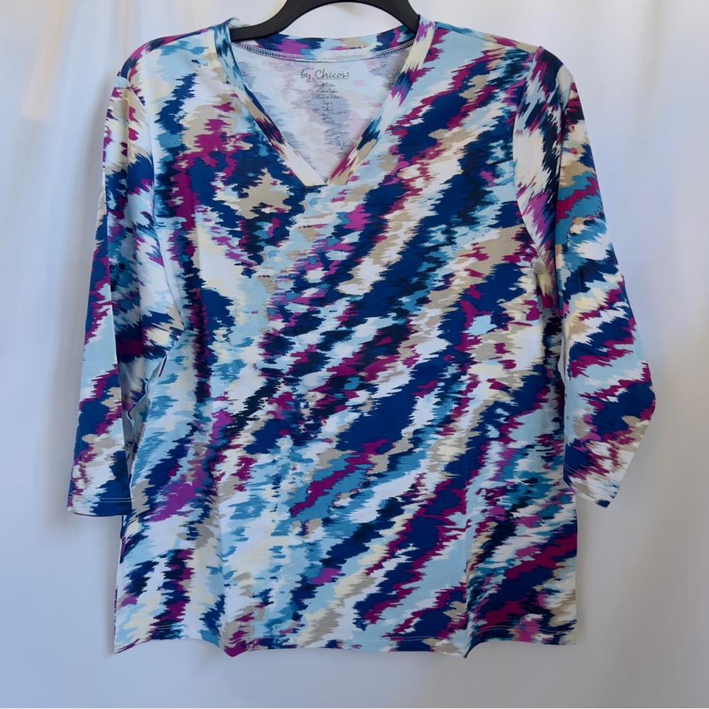 NWT Chico's Jade V-Neck 3 QTR Top & 3/4 Sleeve Knit SZ4 2XL Multi Color Tunic